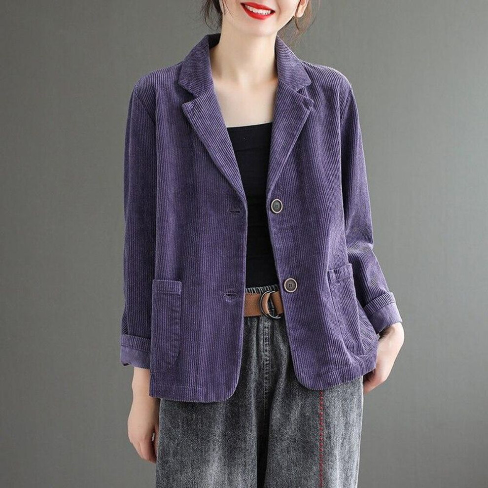 (purple, L) Vintage Women Corduroy Jacket Spring Autumn Coat Ladies Casual Outwears Female Long Sleeve Loose Single Breasted Blazers
