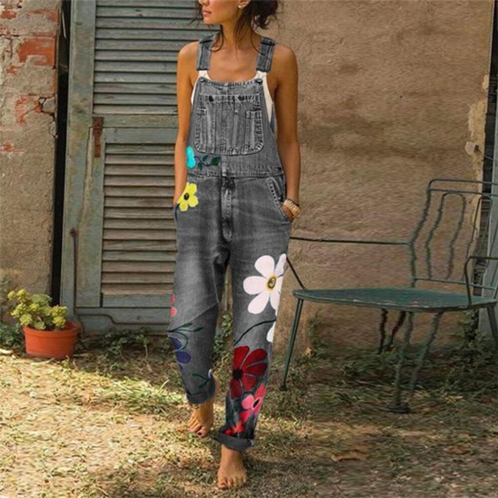 (L, grey) Women's Spring And Summer Denim Jumpsuits Flower Printed Overalls Loose Casual Long Pants Plus Size Xs-6xl