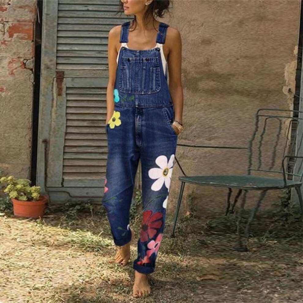 (2XL, dark blue) Women's Spring And Summer Denim Jumpsuits Flower Printed Overalls Loose Casual Long Pants Plus Size Xs-6xl