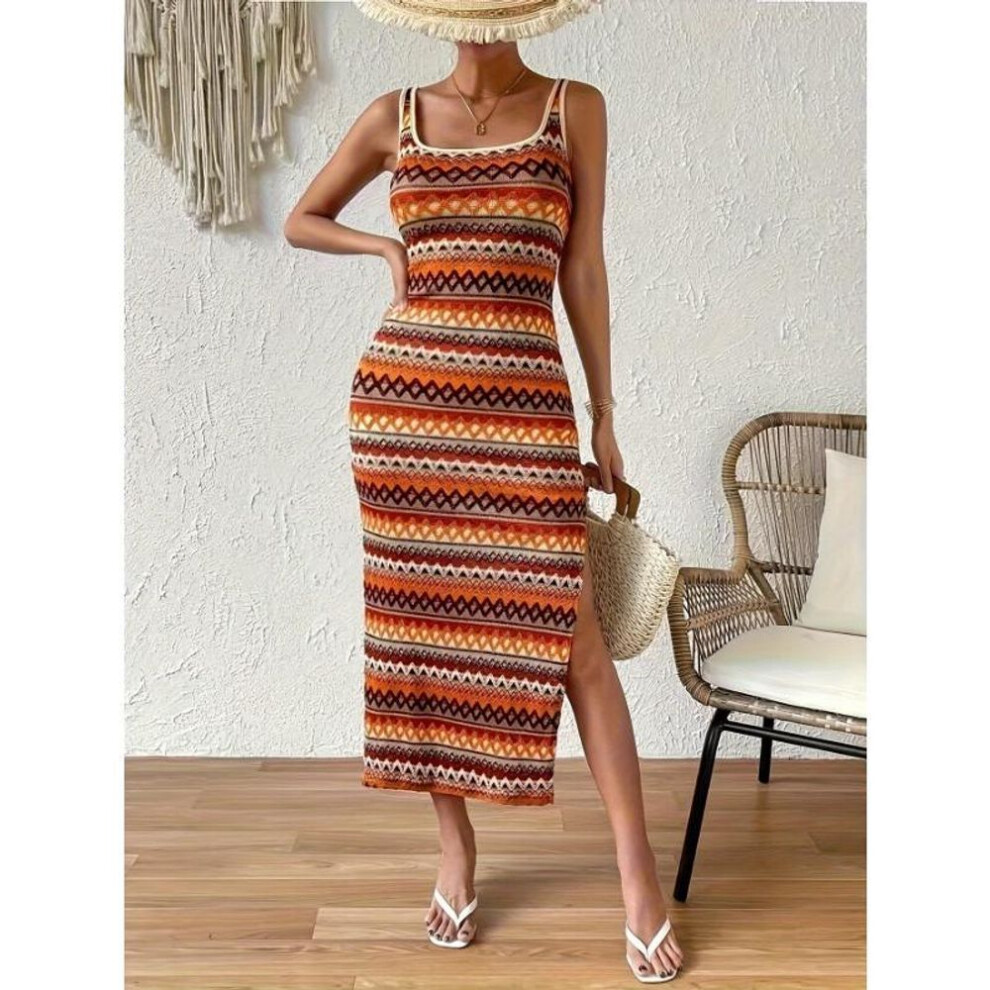 (as the picture, M) Spring Women's Personality Street Fashion Casual Striped Sleeveless Square Neck Dress