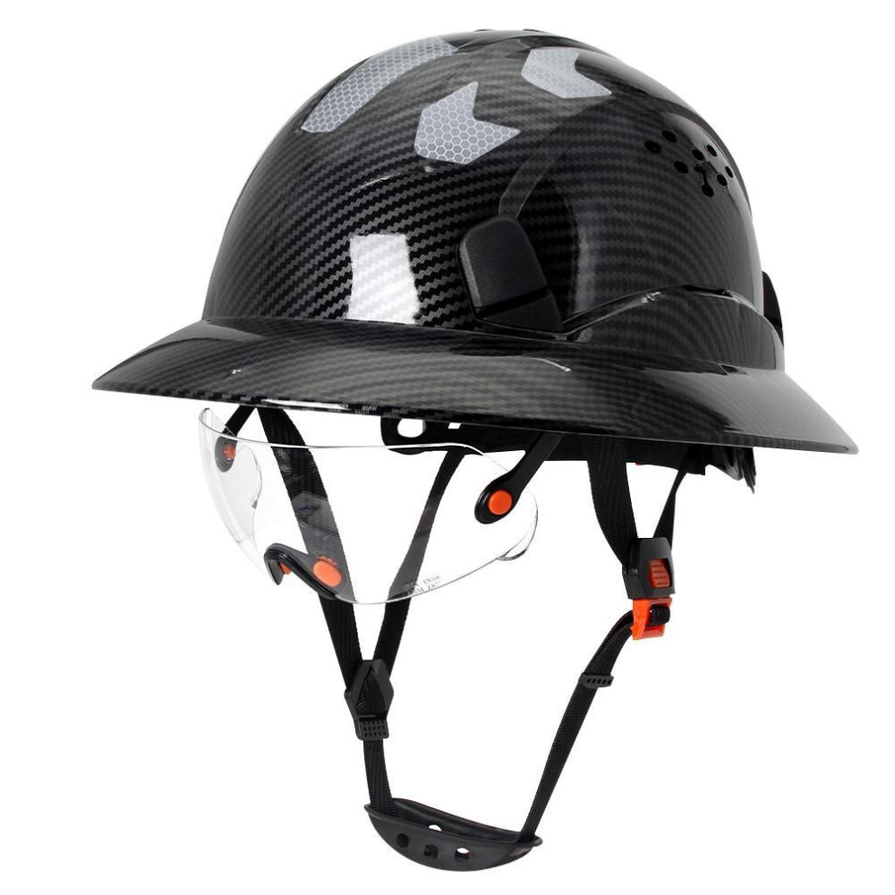 Bright Carbon Fiber Full Brim Safety Helmet With Goggles Reflective Stickers Construction Site Ce Hard Hat Hdpe Helmet Ansi New