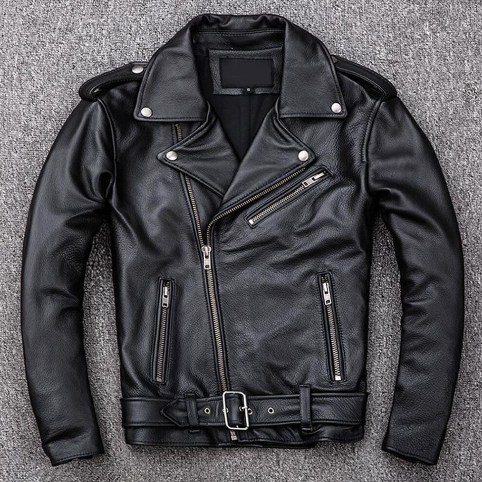 (as the picture, L) Spring Classical Motorcycle Oblique Zipper Jackets Men Leather Natural Calf Skin Thick Slim Cowhide Moto Biker Man