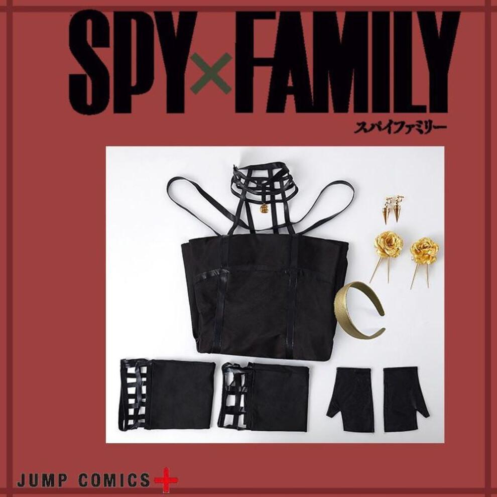 (as the picture, XL) Anime Spy X Family Yor Forger Cosplay Costume Wig Dress Suit Black Red Skirt Set Yor Briar Earring Long Hair Women Clothes Party