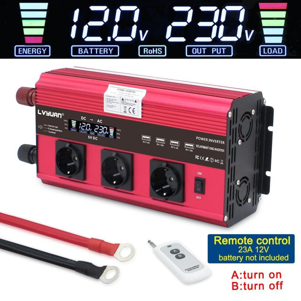 (red, 12V-60Hz-EU Socket) 12000w Peak 2500 Watt Rated Power 12v To 220v Modified Inverter For Trucks, Rvs Solar Off-grid System With 3 Ac Outlets, Wireless Remote Controls