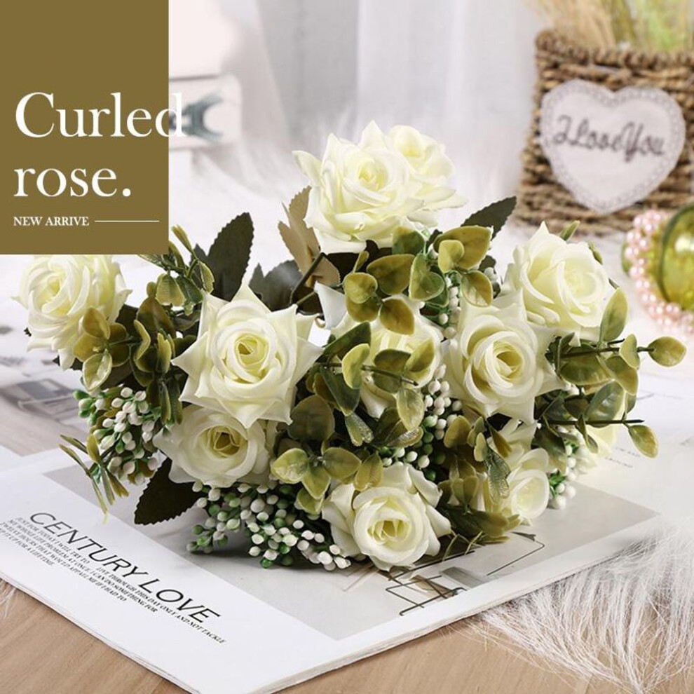 (white) 1 Bunches Vintage Decor Artificial Rose Flowers Silk Curled Rose Floral Bouquet Table Home Wedding Decor Fake Flowers Crafts Party Decor