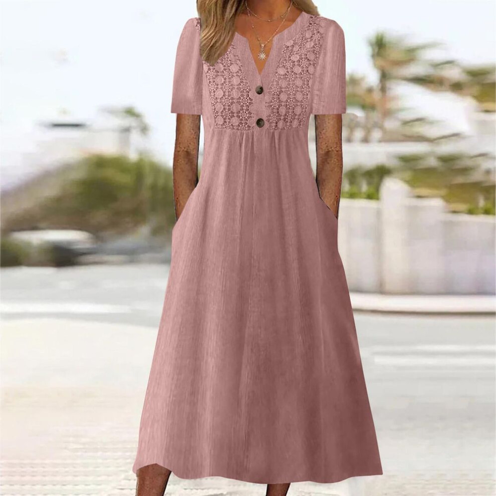 (pink, L) Summer Dresses For Women Summer Boho Maxi Dress Short Sleeve V Neck Dresses Fashion  Dress With Pockets