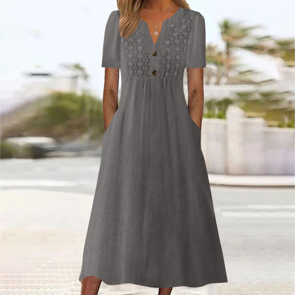 (gray, S) Summer Dresses For Women Summer Boho Maxi Dress Short Sleeve V Neck Dresses Fashion  Dress With Pockets