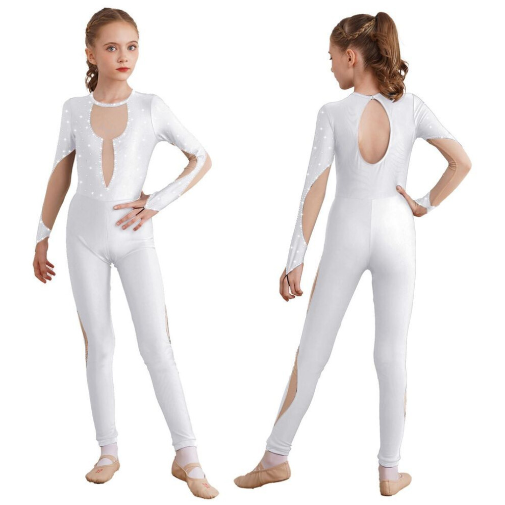 (white, 15-16 Years) Kids Girls Jazz Dance Jumpsuit Acrobatics Gymnastics Leotards Shiny Rhinestone Activewear Unitard Figure Ice Skating Jumpsuit