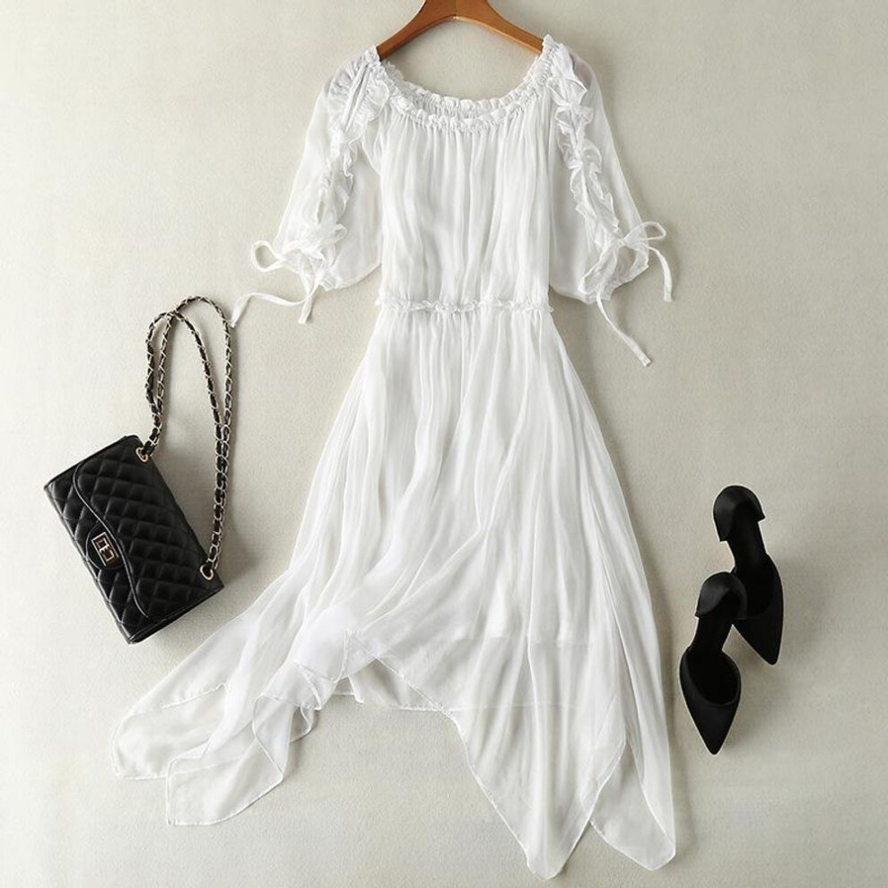 (white, M) Silk Dress Women's Summer 2024 New Irregular Beach Dress Heavy Mulberry Silk Dress Youth
