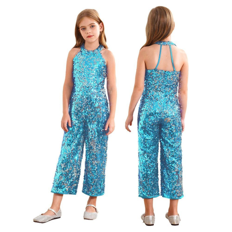 (sky blue, 7-8 Years) Kids Girls Shiny Sequin Jumpsuit Romper Jazz Ballet Dance Performance Prom Party Playsuit Wide Leg Pants Fancy Dress-up Bodysuit