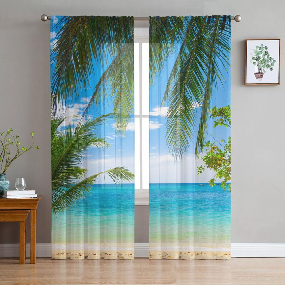 (as the picture, W135 x H185cm x1) Beach Green Coconut Tree Sky Clouds Tulle Sheer Window Curtains For Living Room The Bedroom Modern Voile Organza Curtains Drapes