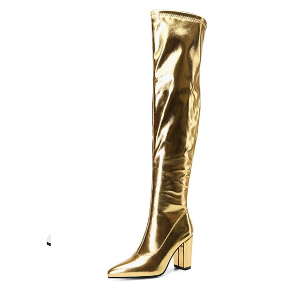 (gold, 45) Annymoli Women Over-the-knee Long Boots Pointed Toe Metallic Boots Thick High Heel Zipper Gogo Boot Lady Fashion Shoes Winter 46