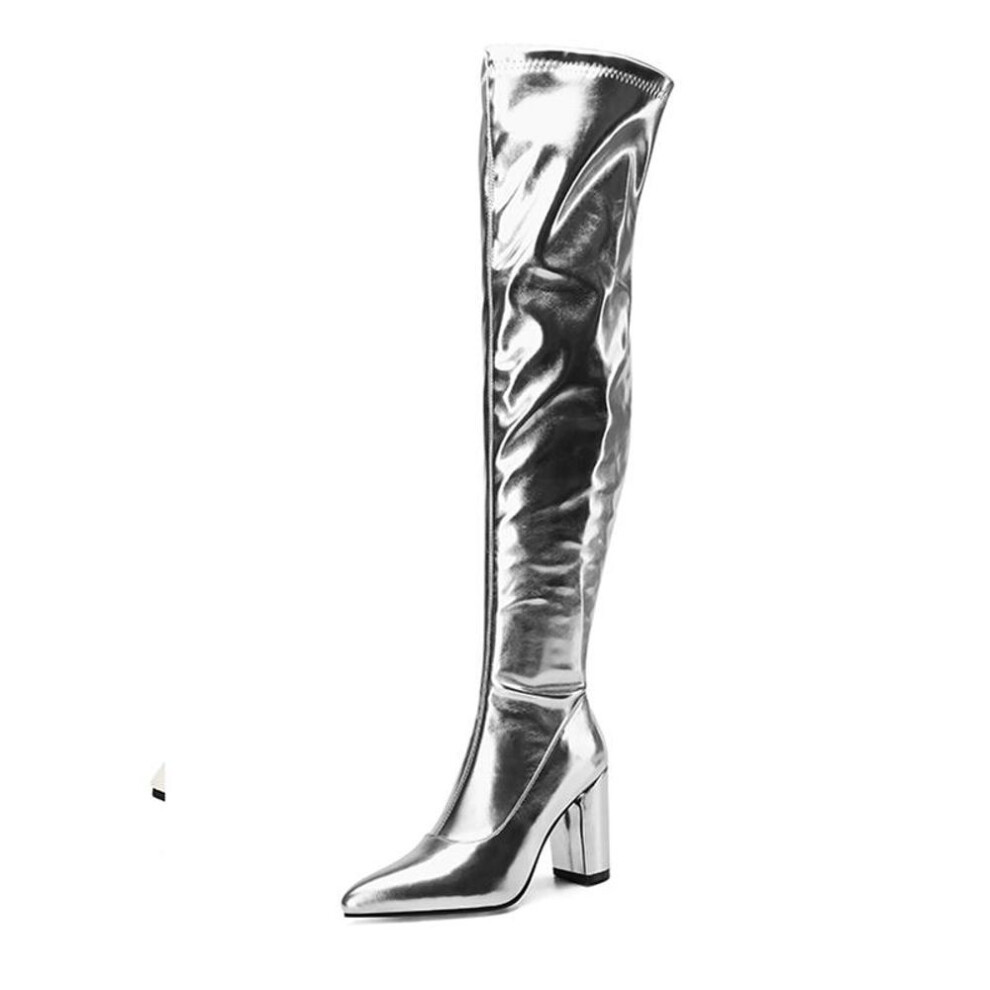 (silver, 44) Annymoli Women Over-the-knee Long Boots Pointed Toe Metallic Boots Thick High Heel Zipper Gogo Boot Lady Fashion Shoes Winter 46