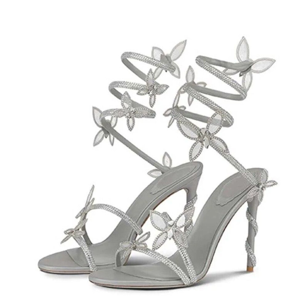 (silver, 40) Eilyken Sexy Crystal Butterfly-knot Ankle Strap Sandals Woman Fashion Open Toe Stiletto High Heels Banquet Party Pumps Shoes