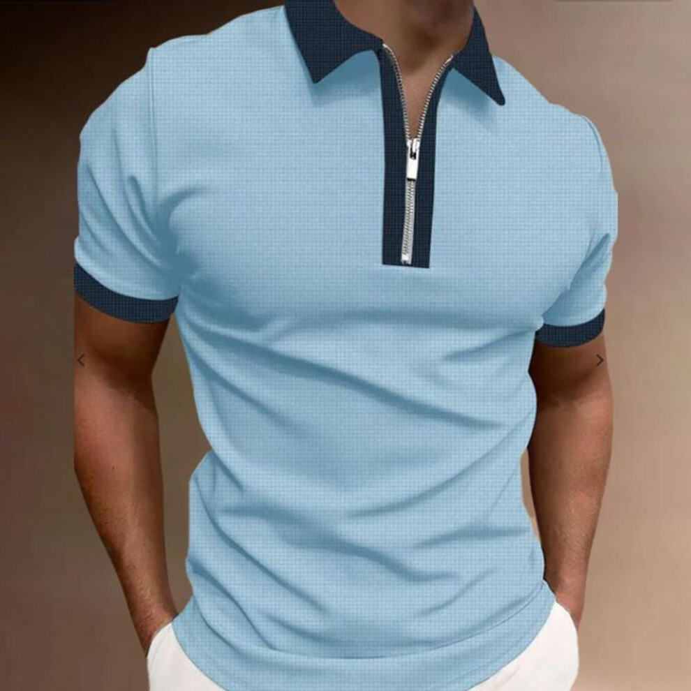 (blue, M) New Men's Lapel Color Short Sleeve T-shirt Men's Trend Polo Shirt Top