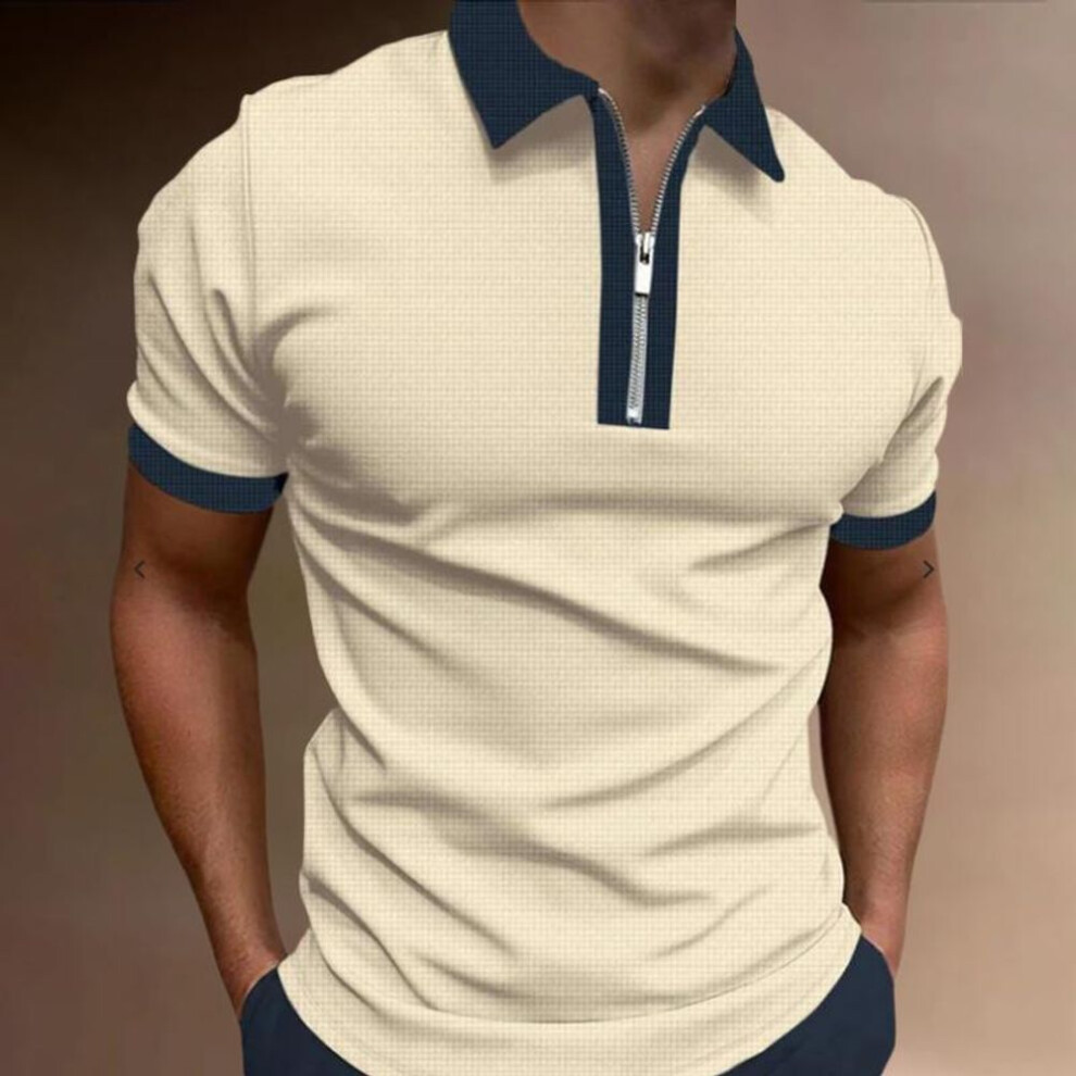 (beige, 3XL) New Men's Lapel Color Short Sleeve T-shirt Men's Trend Polo Shirt Top