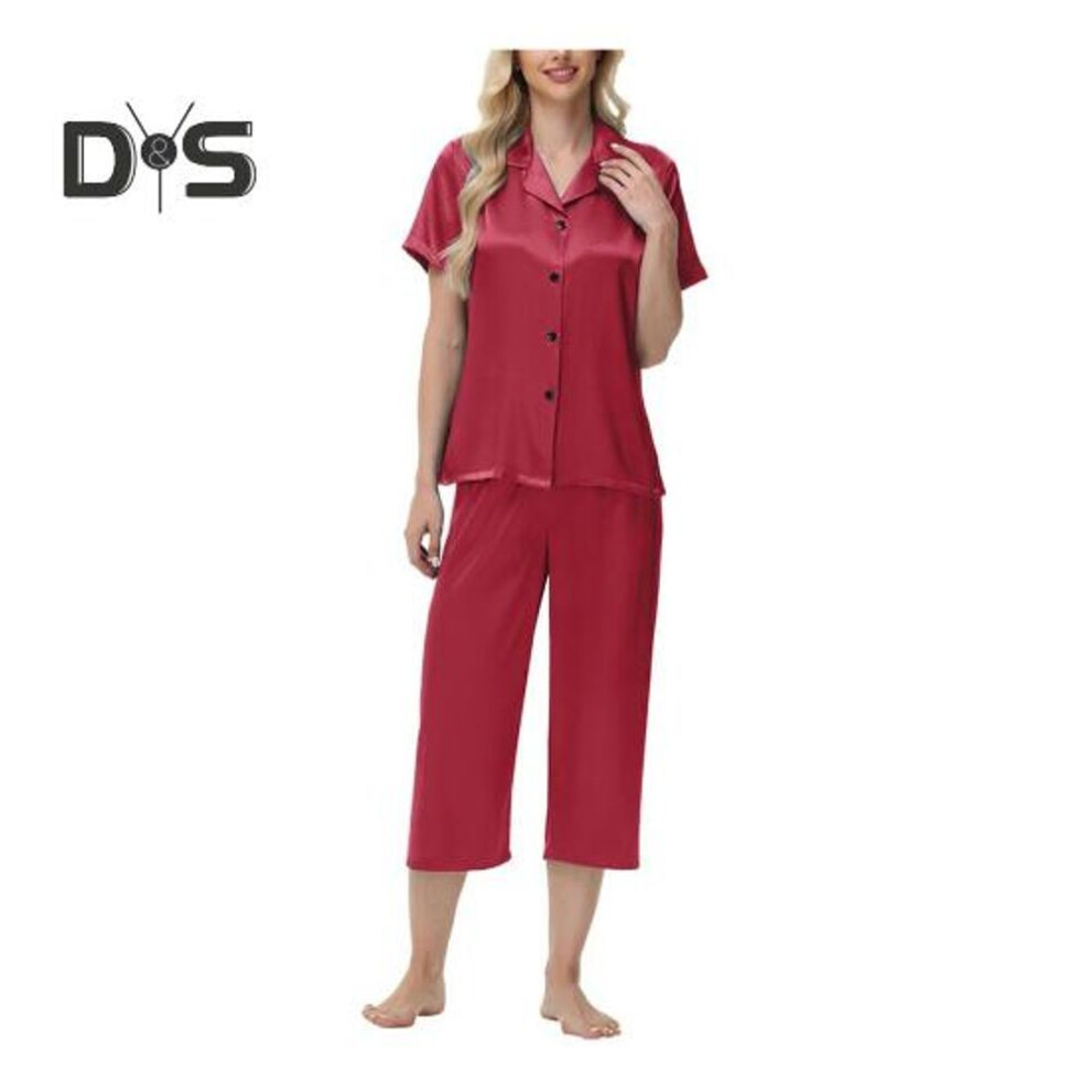(S, wine red) 2 Pcs/set Ice Silk Pajamas Lapel Button-down Long Sleeve Shirt Elastic Waist Wide Leg Cropped Trousers Homewear Casual Outfit Spring Sleepwear