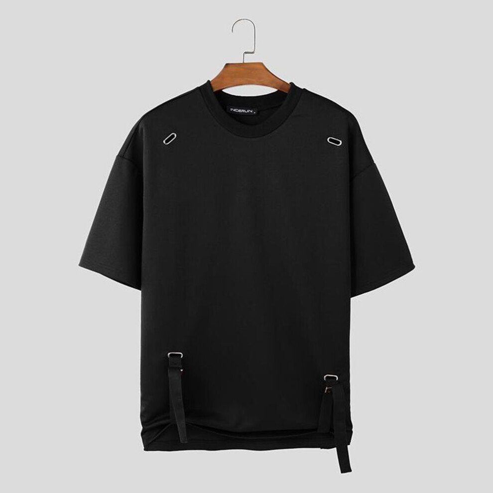 (black, XL) Incerun Summer Men O Neck Short Sleeve Solid Color T-shirts Adjustable Hem Tops