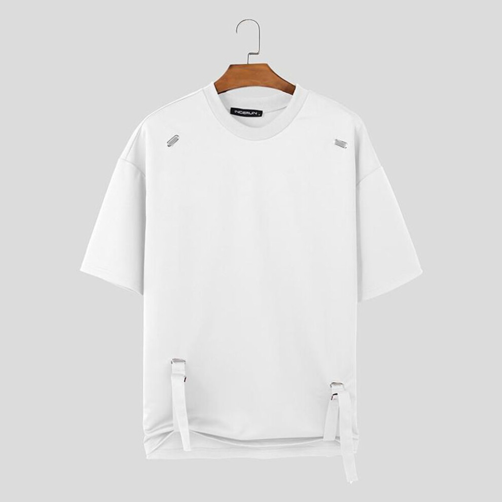 (white, S) Incerun Summer Men O Neck Short Sleeve Solid Color T-shirts Adjustable Hem Tops