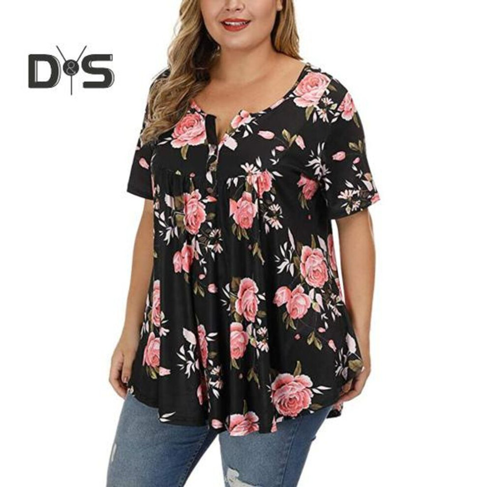 (4XL, pink,black) Women Tops V-neck Short Sleeve Tunic Shirt With Button Design Loose Fit Casual Beach Blouse Everyday Wear