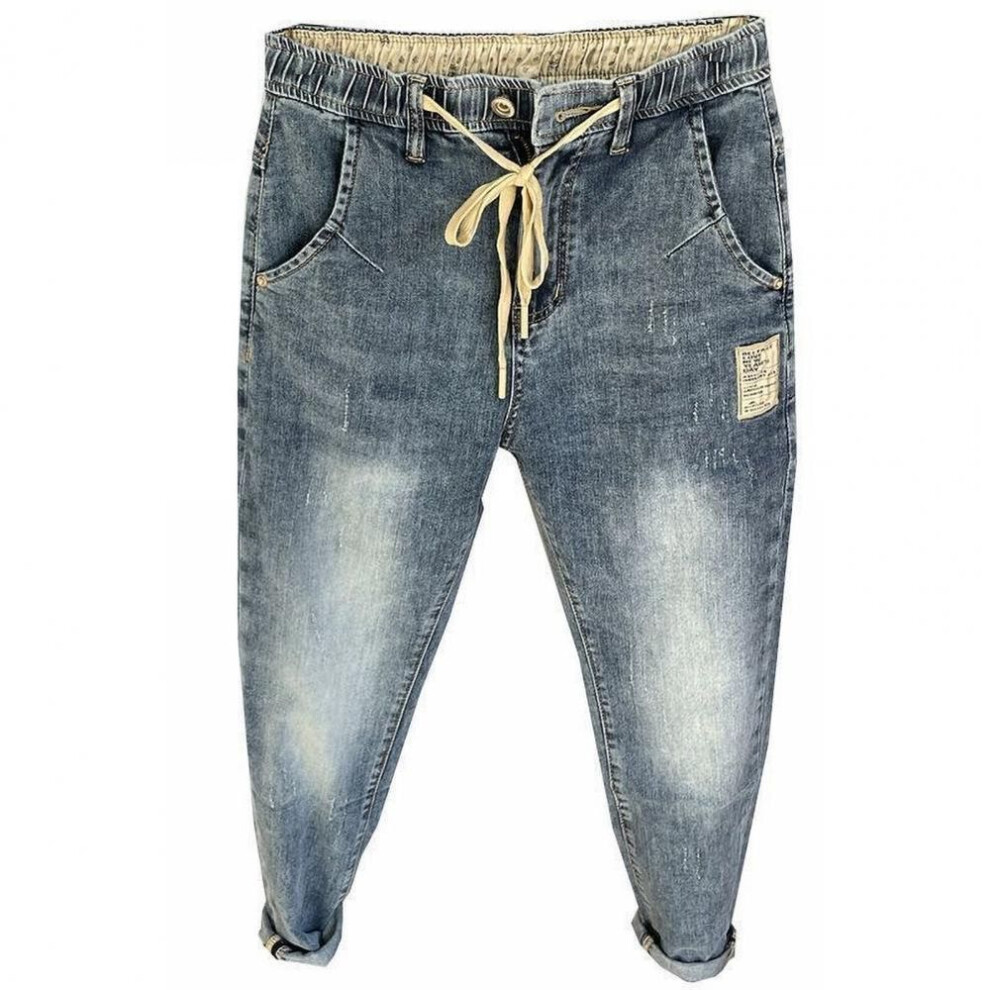 (blue, XL) Men Harem Jeans Elastic Waist Adjustable Drawstring Button Zipper Fly Denim Pants With Pockets Hip Hop Style Casual Trousers