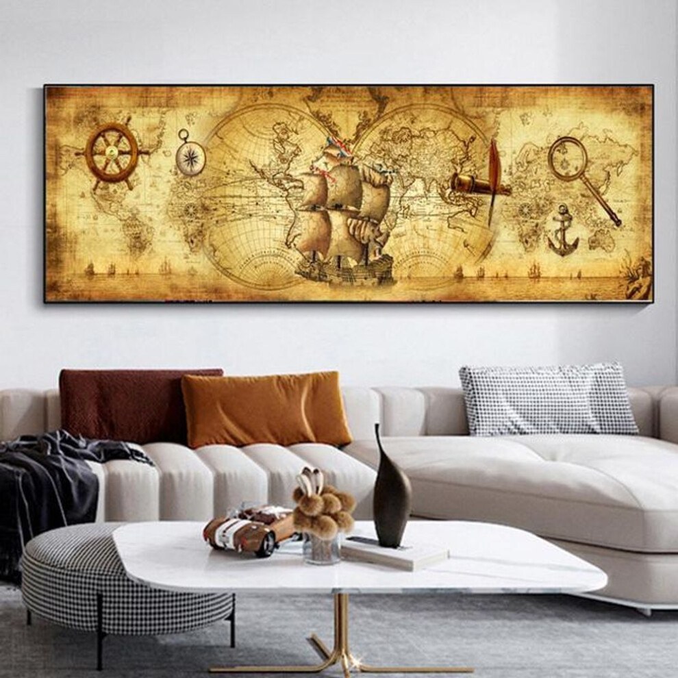 (as the picture, 60cm×120cm NoFrame) Reliabli Art A Map Of The World Retro Old Pictures Canvas Paintings For Living Room Prints Home Wall Decoration Posters No Frame