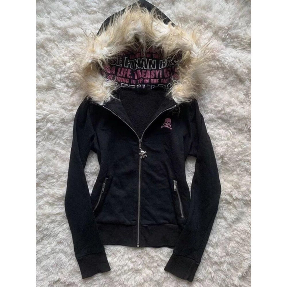 (L, black) Solid Zip Up Slim And Versatile Hoodies Y2k Warm With Fur Collar Short Fashion Sweatshirts Winter Long Sleeved Couple Tops
