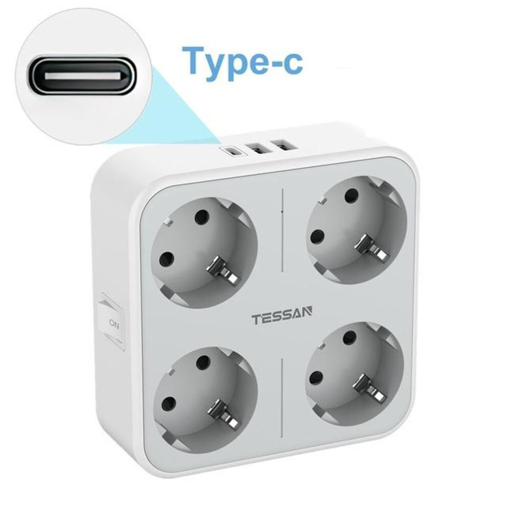 (gray, 4 Outlet&2 Type-A&1Type-C) Tessan Eu Plug Power Strip With 1/4 Ac Outlets And Usb Charging Ports, Multiple Wall Socket Adapter For Home Office