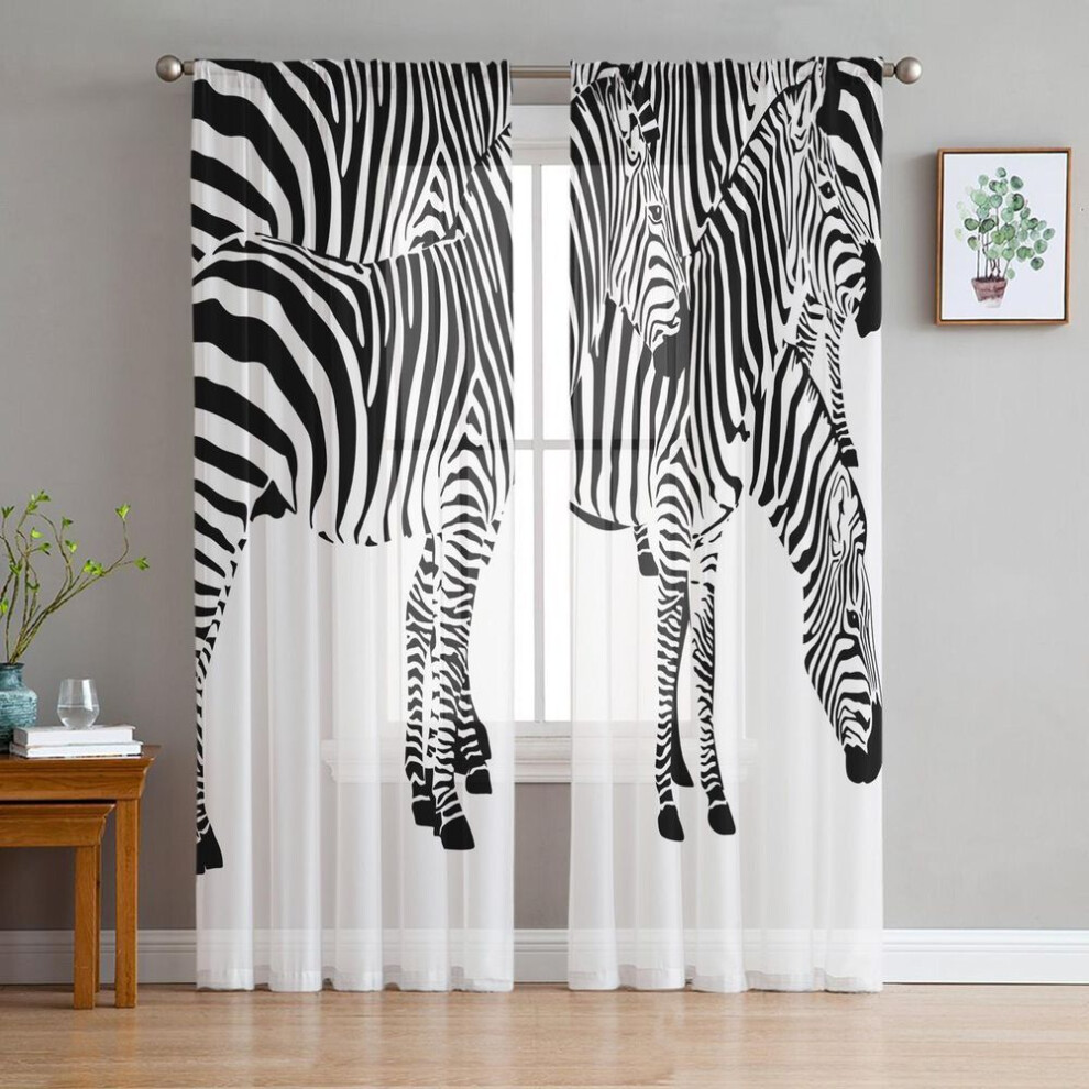 (as the picture, 135W x 244H(cm)x2) Animal Zebra Black And White Simple Tulle Curtains Kitchen Door Curtain Chiffon Sheer Voile Christmas Curtains For Living Room