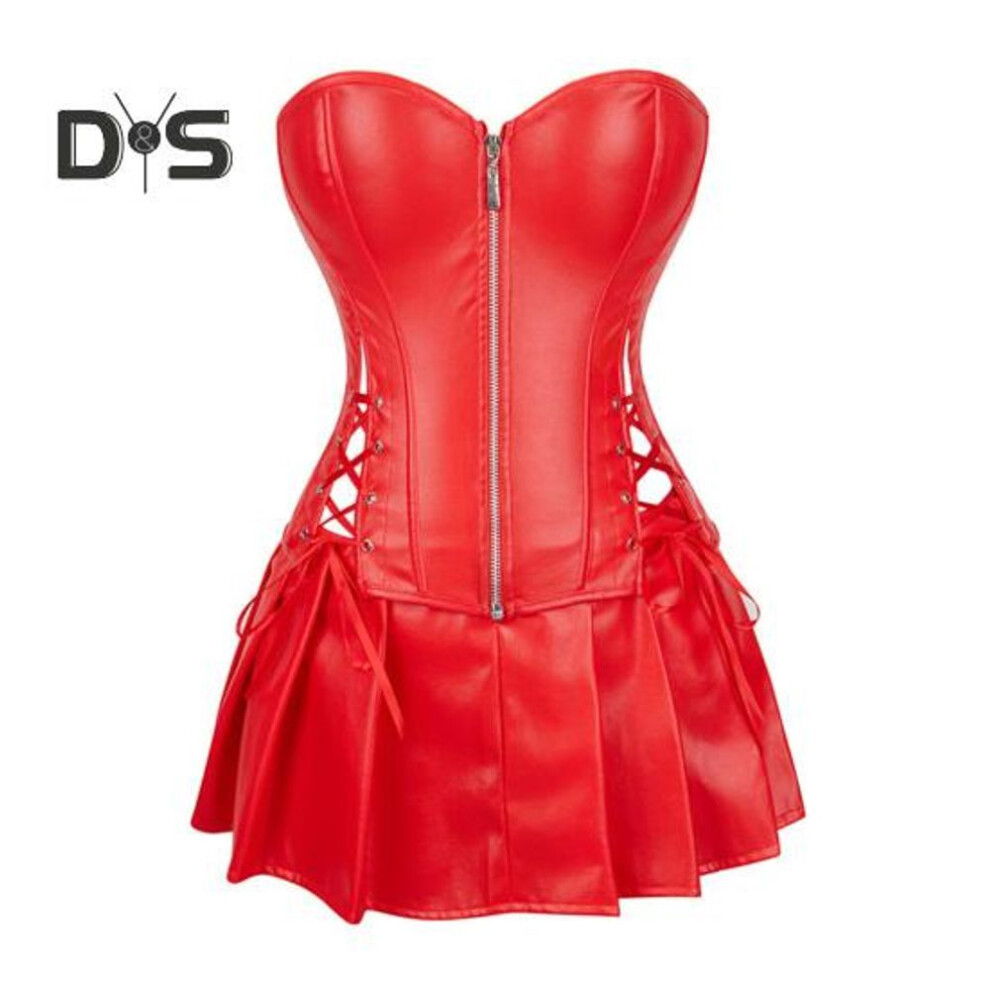 (red, S) 3pcs/set Women Sexy Outfit Bandeau Zipper Closure Side Lace-up Corset Tops Faux Leather Skater Skirt Briefs Set