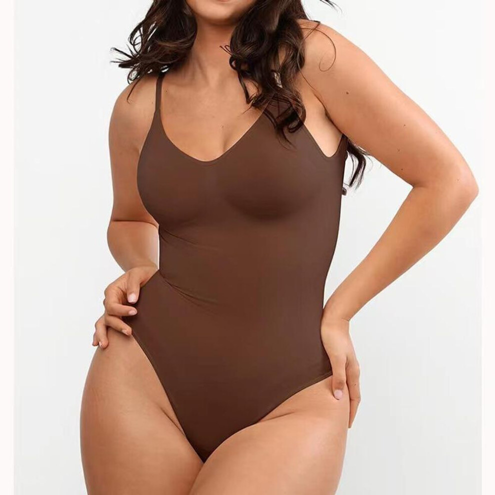 (brown, L) Plus Size Thong Hip Lift Seamless Shapewear Women's Corset Halter Bodysuit