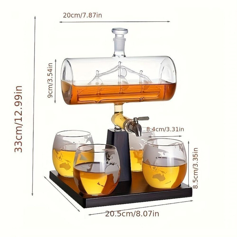 Nautical 1000ml Whiskey & Wine Decanter Set - Includes 4 Globe Glasses Elegant Home Bar Gift For Men And Dad