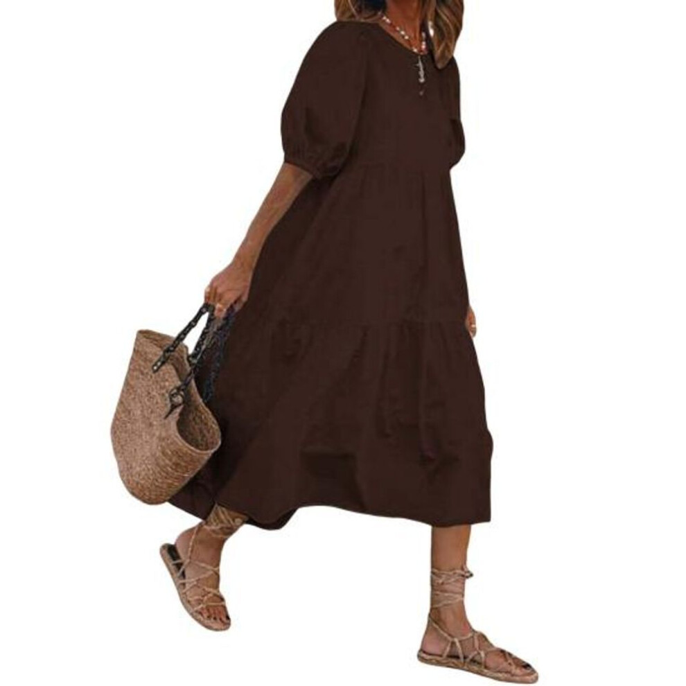 (coffee, XL) Women's Summer Midi Dress Short Lantern Sleeves Crew Neck Linen Dress
