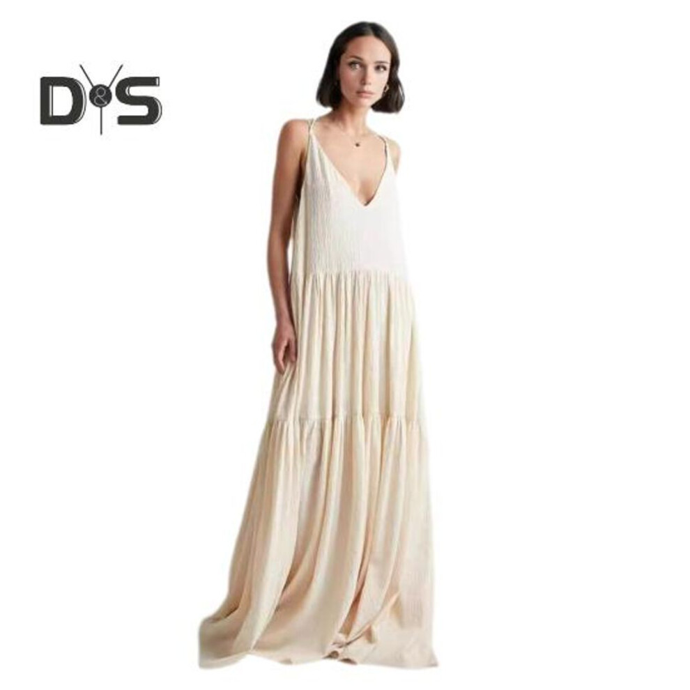 (beige, S) Lady Beach Dress Deep V Neck Loose A-line Patchwork Backless Sleeveless Pleated Vacation Strappy Dress Resort Wear Maxi Dress Floor Length Sundress