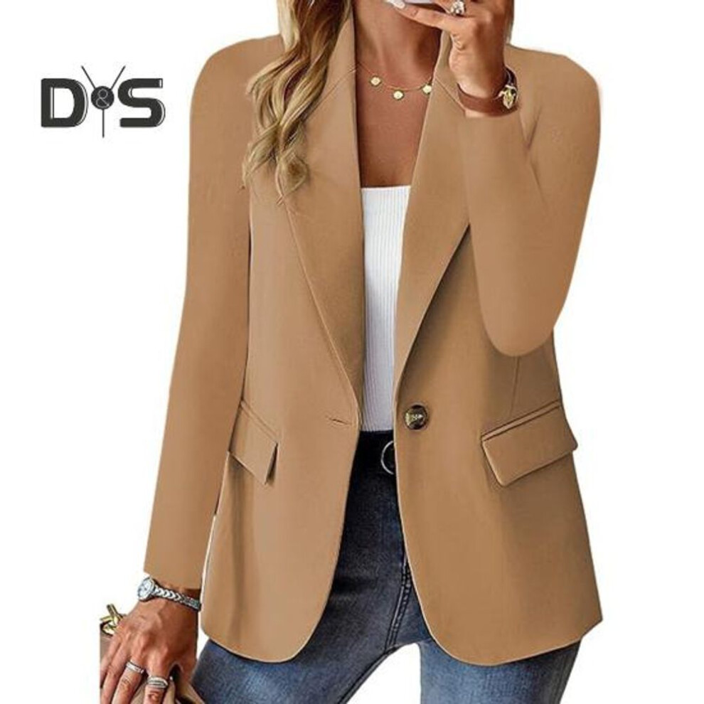 (khaki, XXL) Women Blazer Slim Fit Long Sleeves Commuter Suit Coat Solid Color Single-button Blazer For Office Daily Wear Evening Party
