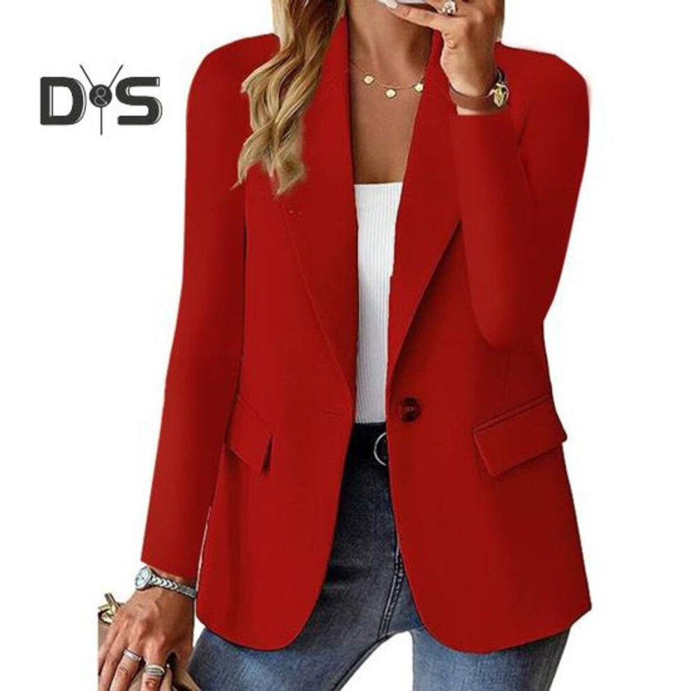(red, XL) Women Blazer Slim Fit Long Sleeves Commuter Suit Coat Solid Color Single-button Blazer For Office Daily Wear Evening Party