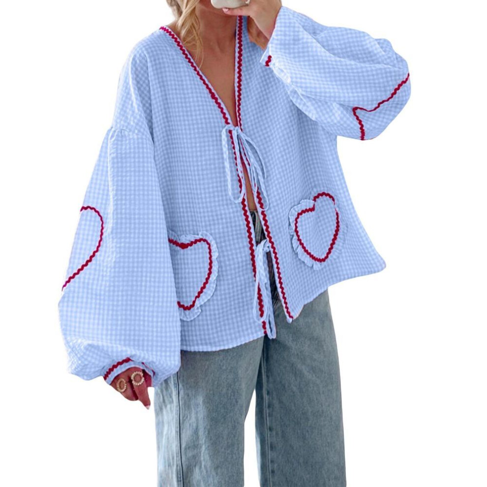 (L, blue) Women Long Sleeve Shirts Heart Embroidery Plaid Front Bowknot Tie-up Blouses Fashion Spring Summer Casual Tops