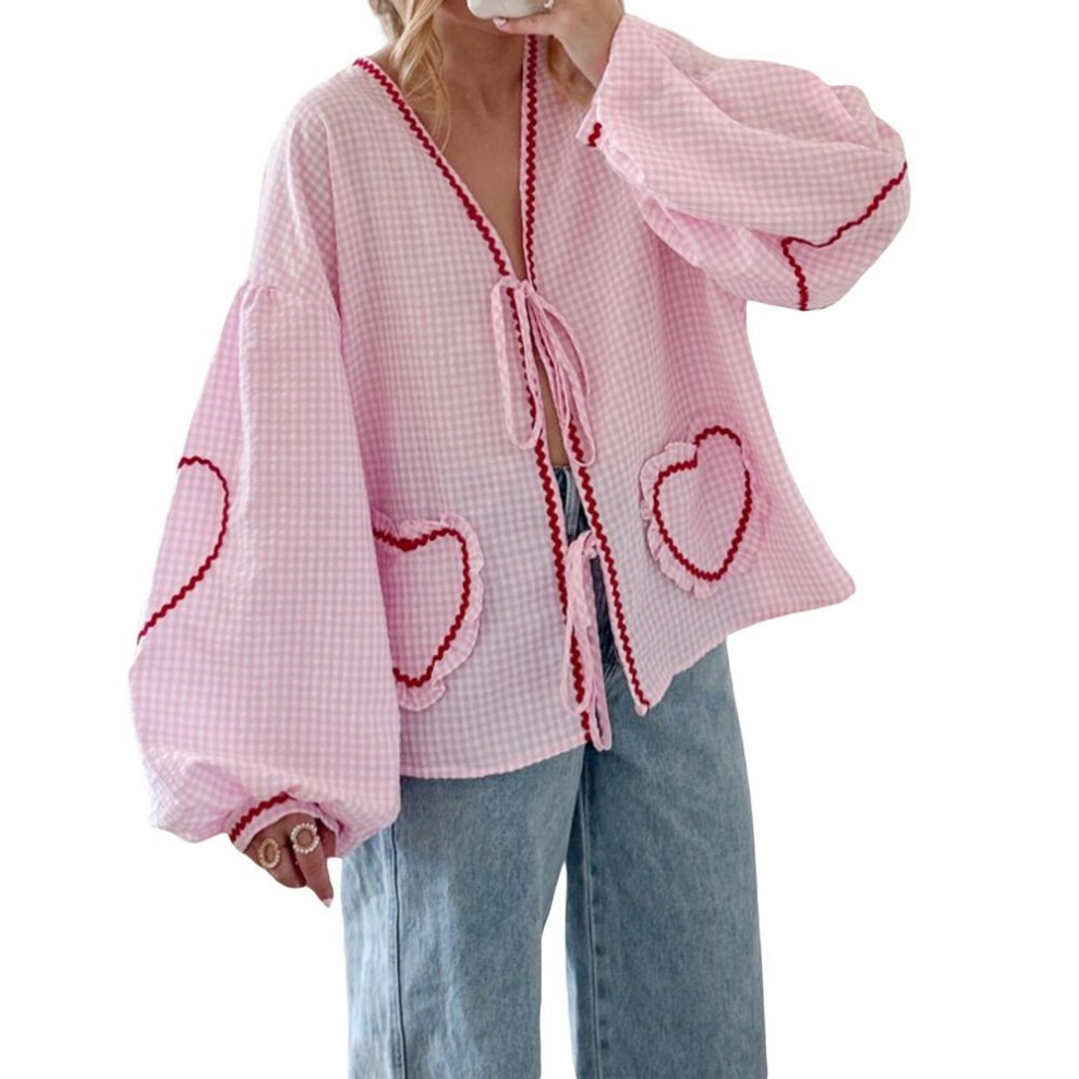 (XL, pink) Women Long Sleeve Shirts Heart Embroidery Plaid Front Bowknot Tie-up Blouses Fashion Spring Summer Casual Tops