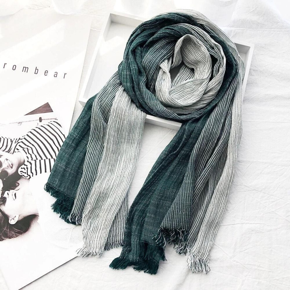 (dark green) Shawl Striped Cotton And Linen Scarf Literary Men Natural Wrinkled Silk Scarf Women Support Small Order Customization