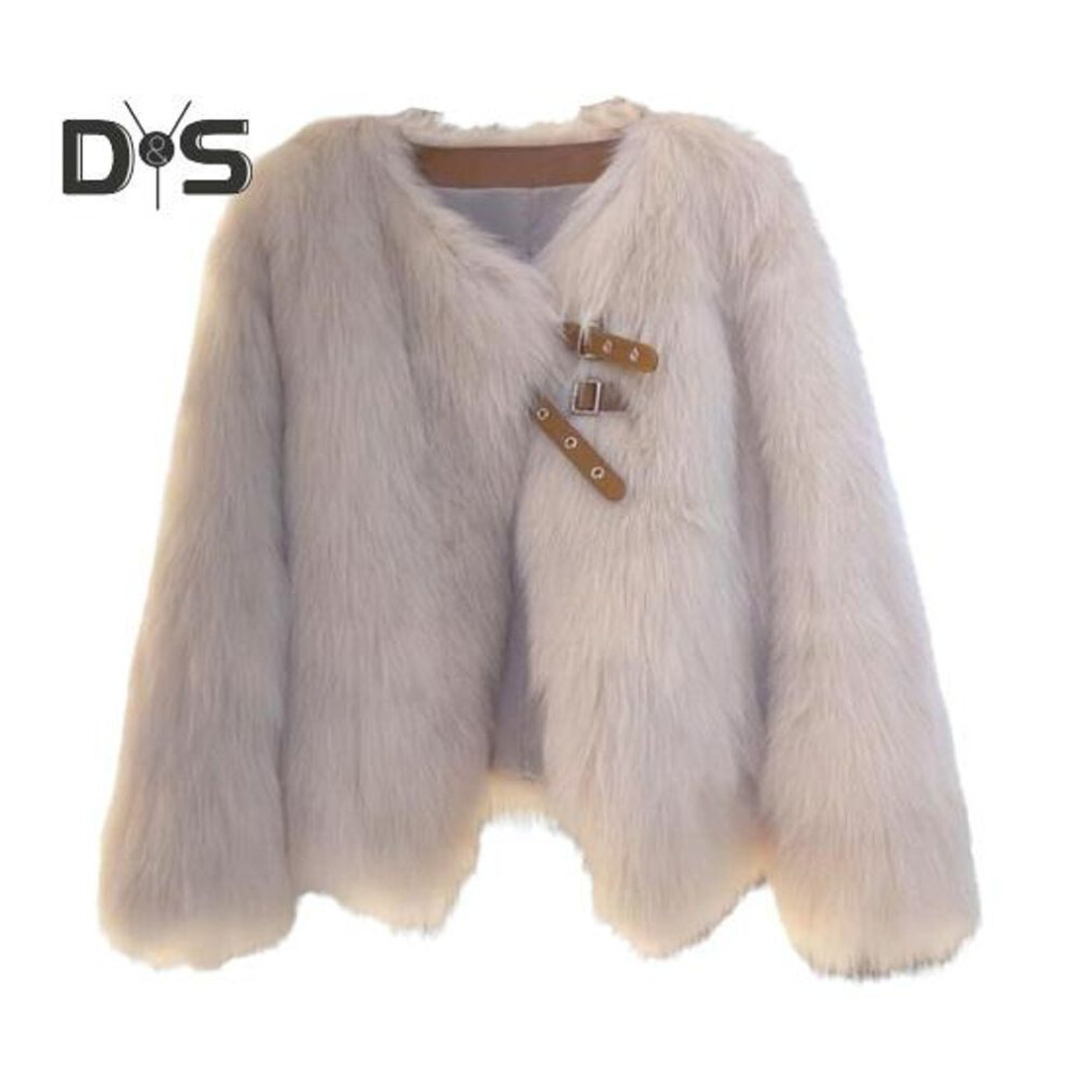 (khaki, S) Auutmn Winter Lady Cardigan Coat Furry Plush Buckle And Strap Decor V Neck Long Sleeves Thickened Solid Color Faux Fur Knitted Sweater Jacket