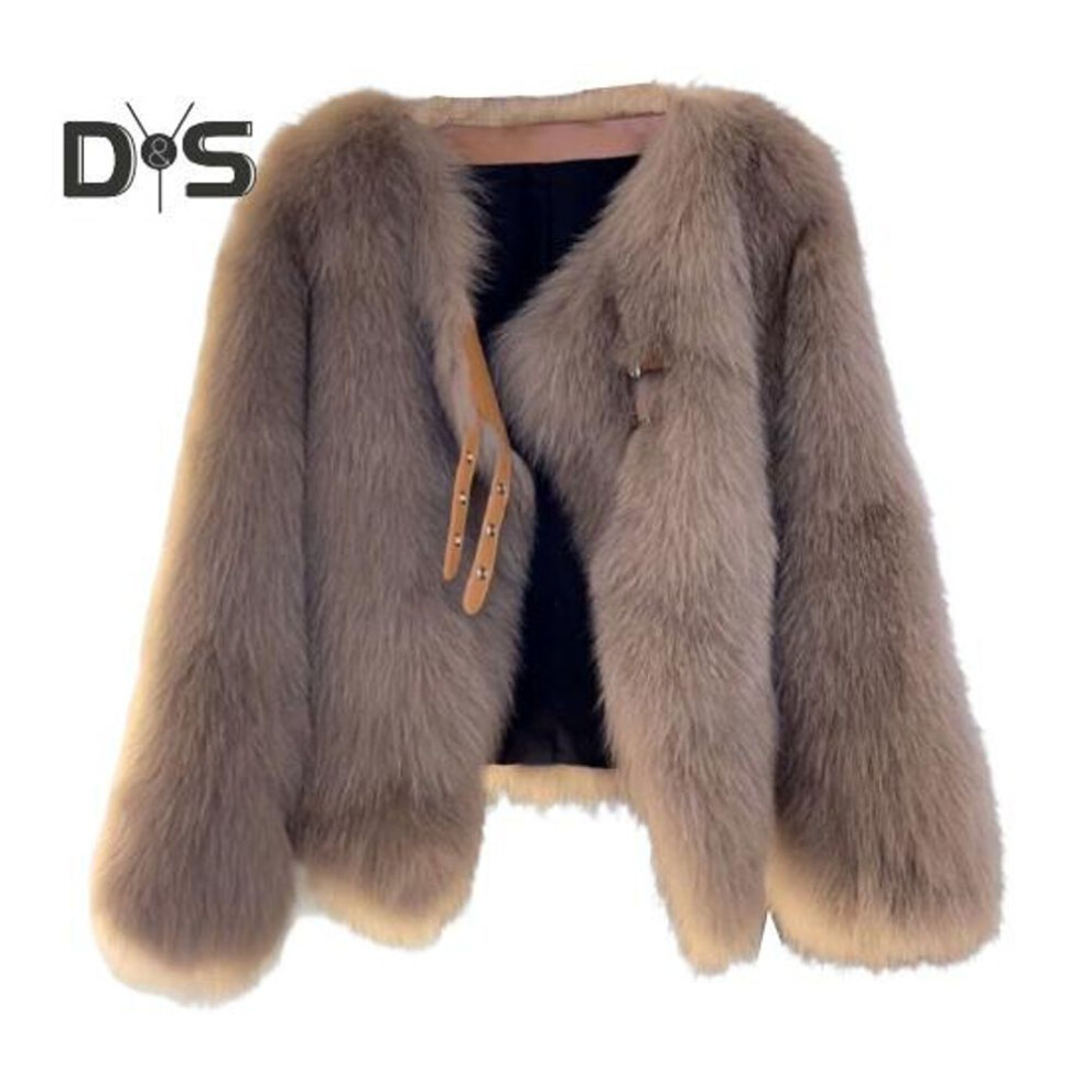 (coffee, S) Auutmn Winter Lady Cardigan Coat Furry Plush Buckle And Strap Decor V Neck Long Sleeves Thickened Solid Color Faux Fur Knitted Sweater Jacket