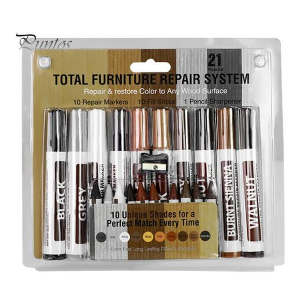 (as the picture, 10 pcs) 1 Set Wooden Furniture Scratch Repair Kit With Touch-up Marker Pen Crayon Sharpener 6/8/10 Colors Wood Floor Table Stain Removal Scratch Repair