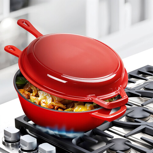 Living And Home (Red) 2 in 1 Cast Iron Combo Cooker 2