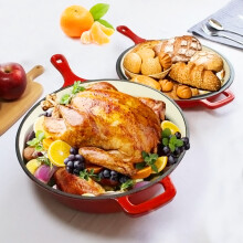 (Red) 2 in 1 Cast Iron Combo Cooker