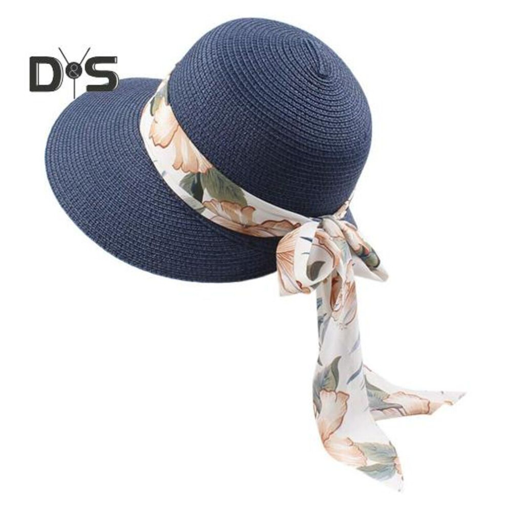 (navy blue) Straw Sun Hat For Women Wide Brim Upf 50+ Uv Protection Summer Beach Hat Foldable Packable Roll Up Floppy Hat With Big Bowknot