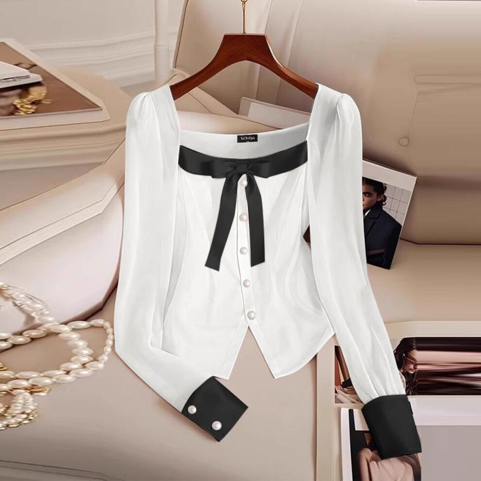 (XL, white) Vonda Women Elegant Solid Color Knot Long Sleeve Blouses