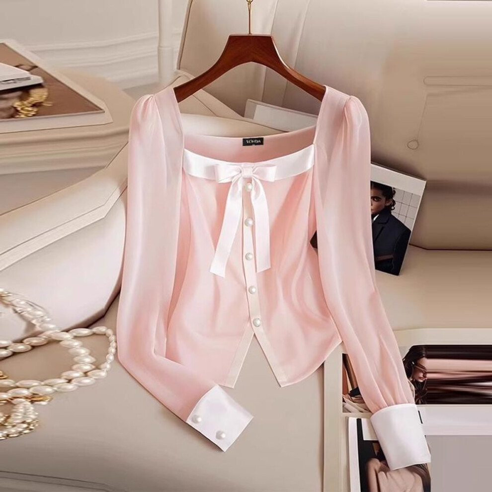 (3XL, pink) Vonda Women Elegant Solid Color Knot Long Sleeve Blouses