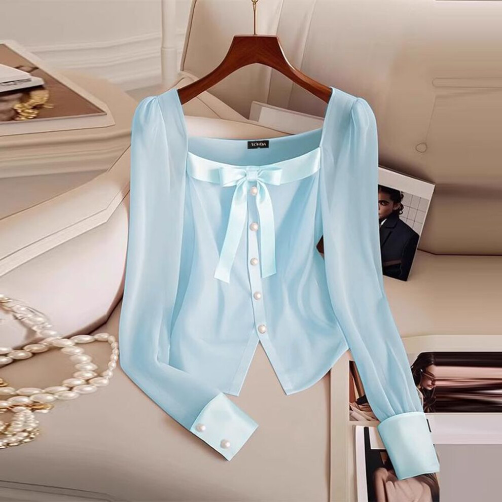 (XL, blue) Vonda Women Elegant Solid Color Knot Long Sleeve Blouses