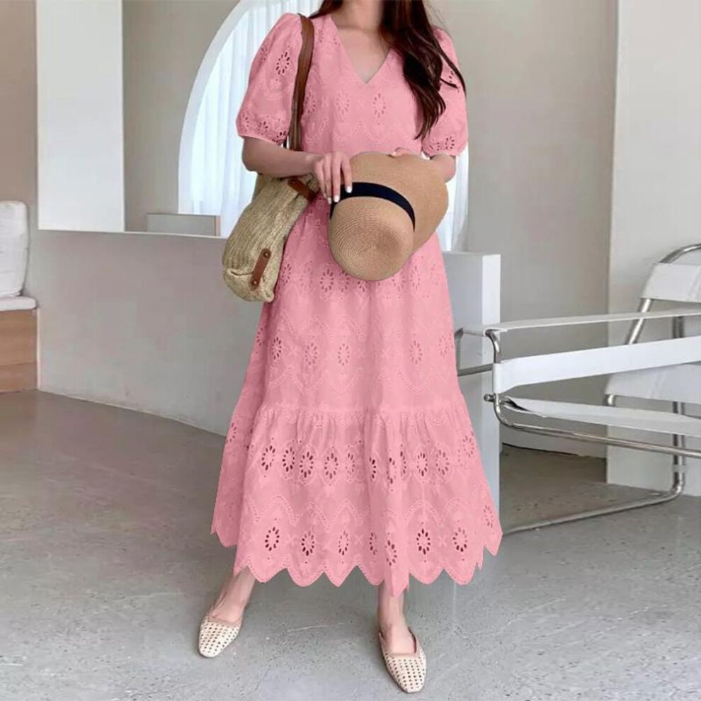 (pink, S) Zanzea Women Summer V-neck Casual Lace Crochet Back Patchwork Short Sleeve Dress