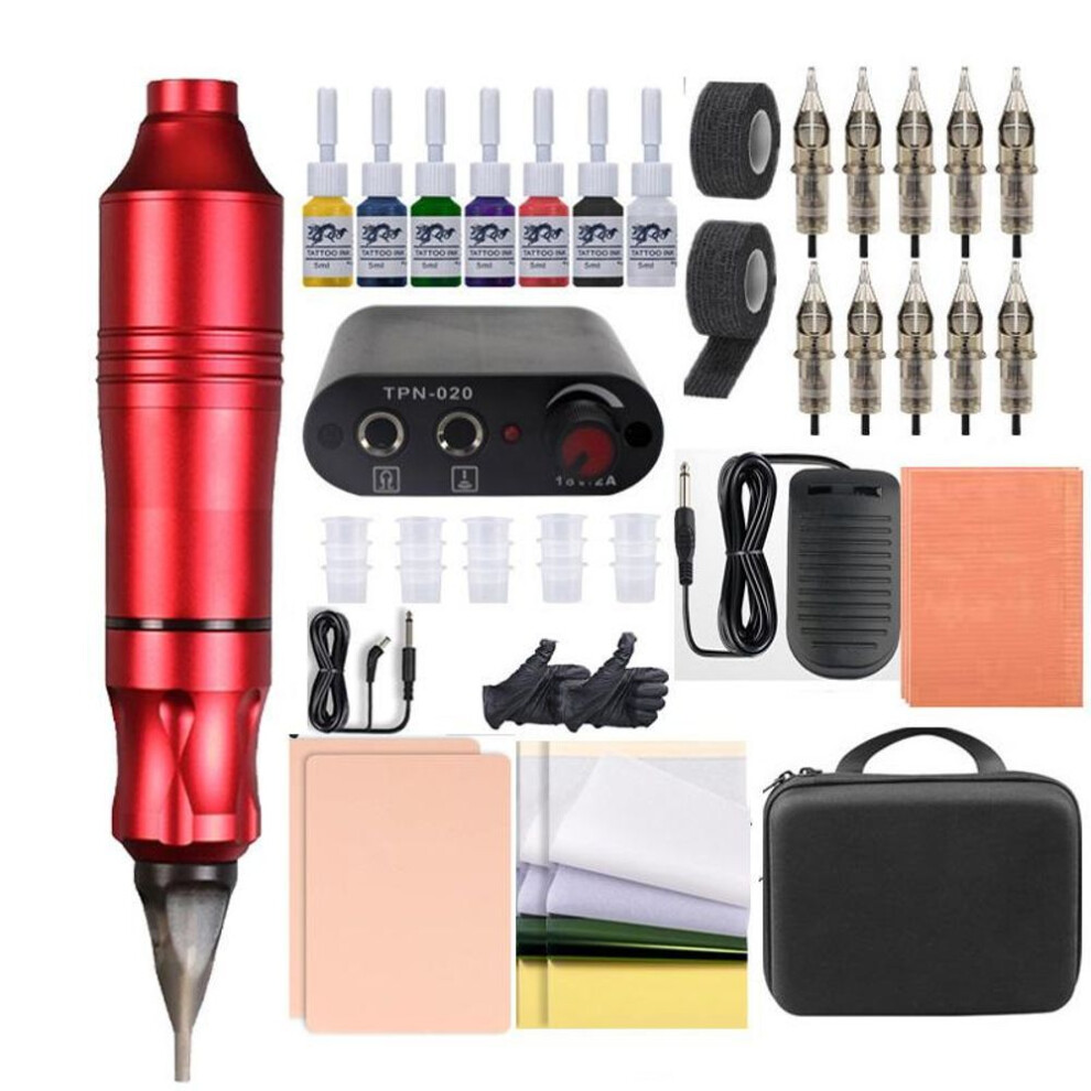(red) Complete Tattoo Pen Kit For Beginner With Tattoo Power Supply Ink Tattoo Machine Set
